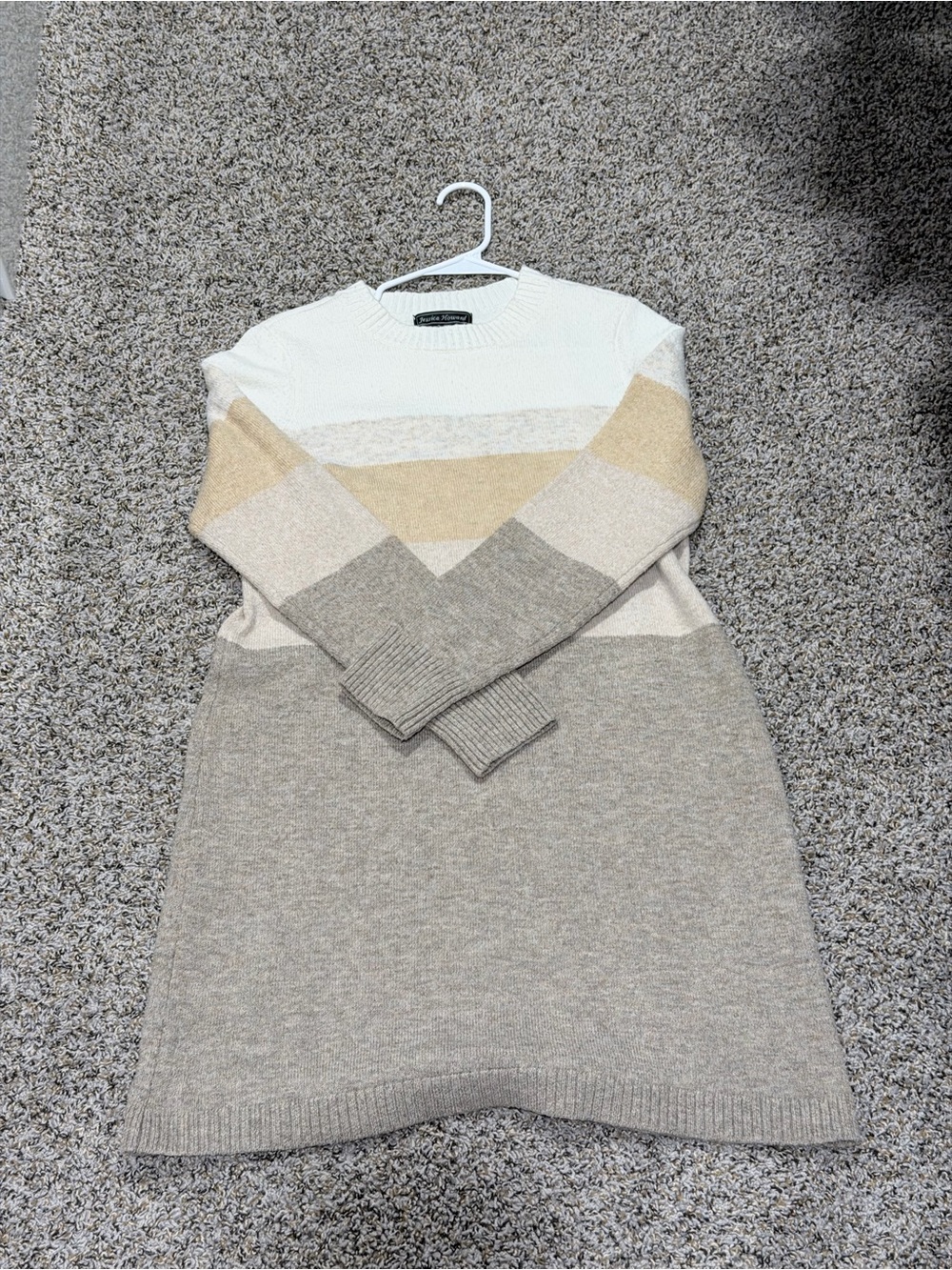 Jessica Howard Neutral Stripe Crewneck Sweater Dress - Cream, Tan, Light Gray